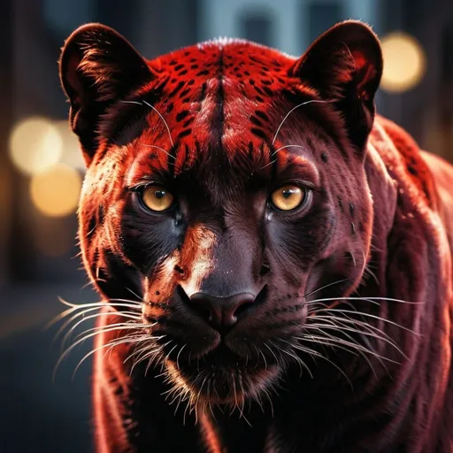 Prompt: Detailed, high-quality photograph of a majestic red panther resembling Black Panther, intense and focused gaze, professional photography, realistic rendering, intense red and black tones, dramatic lighting, detailed fur with subtle highlights, powerful and sleek design, city lights casting a dramatic glow, best quality, highres, ultra-detailed, photography, realistic, intense red tones, dramatic lighting, detailed fur, sleek design, professional