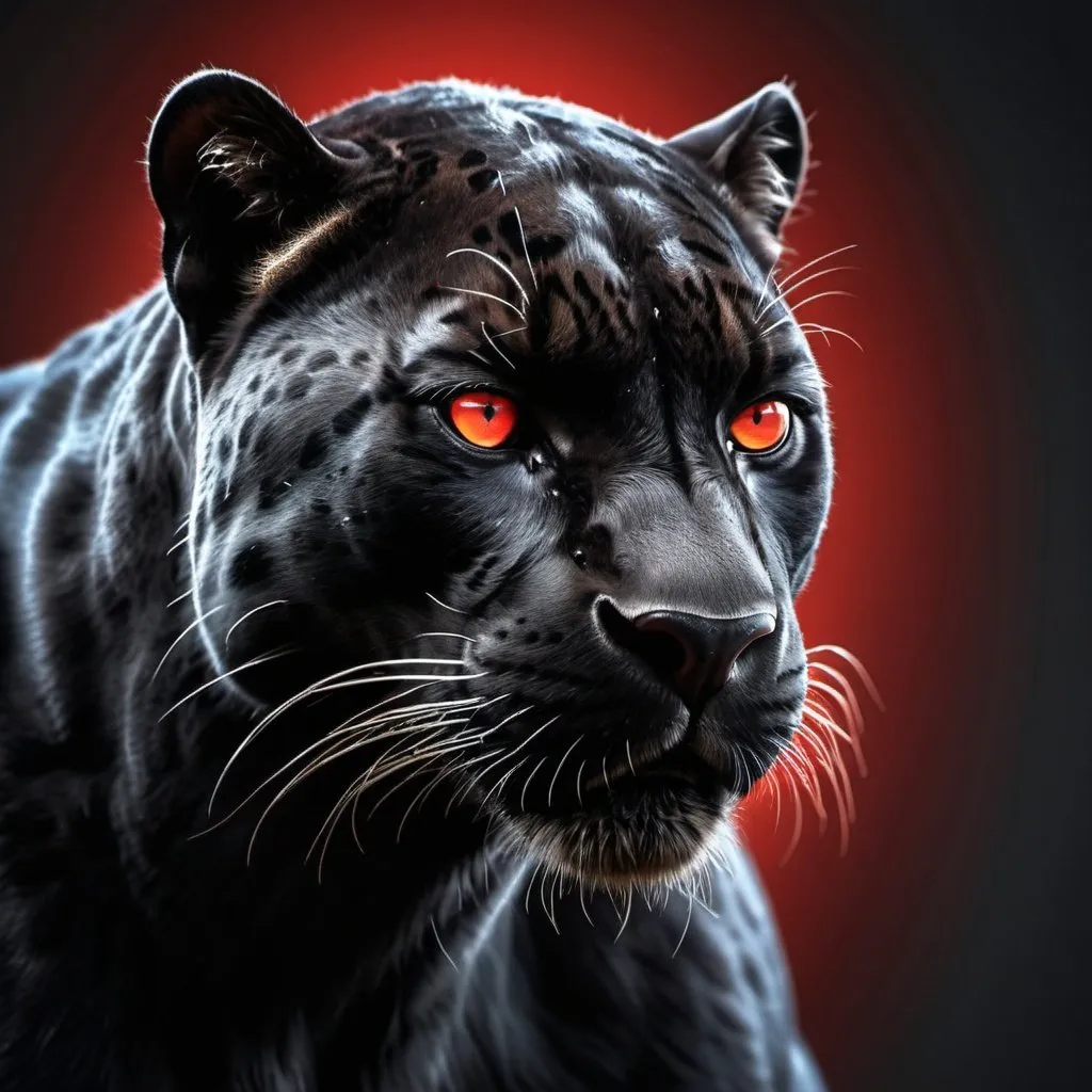 Prompt: High-quality, detailed photo-realistic rendering of a powerful black panther with glowing red eyes, sleek black fur, muscular physique, intense and menacing expression, dramatic lighting, professional photography, red glowing eyes, detailed fur, intense gaze, powerful stance, high-quality rendering, photo-realistic, dramatic lighting, menacing, powerful, sleek design, professional, high contrast, bold shadows