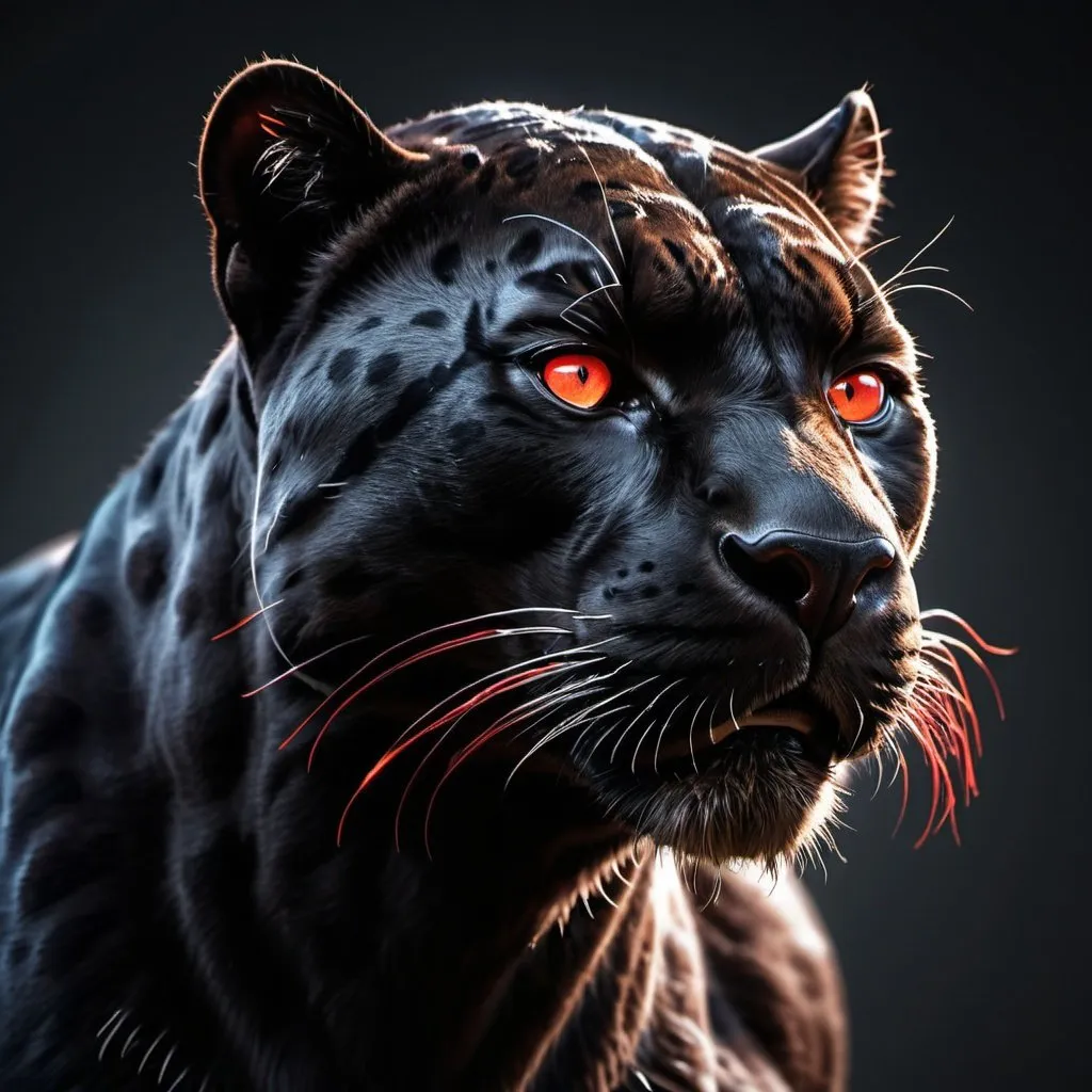 Prompt: High-quality, detailed photo-realistic rendering of a powerful black panther with glowing red eyes, sleek black fur, muscular physique, intense and menacing expression, dramatic lighting, professional photography, red glowing eyes, detailed fur, intense gaze, powerful stance, high-quality rendering, photo-realistic, dramatic lighting, menacing, powerful, sleek design, professional, high contrast, bold shadows