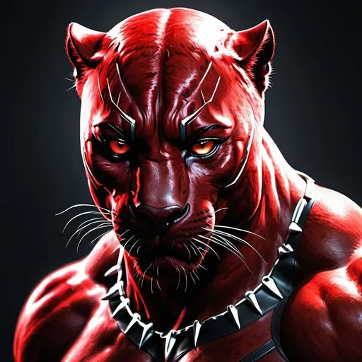 Prompt: High-resolution digital art of a fierce red panther, photorealistic style, black panther superhero inspiration, intense and menacing gaze, sleek and shiny fur, detailed muscle structure, dramatic lighting, vibrant red and black tones, superhero theme, photorealistic, intense gaze, sleek design, dramatic lighting