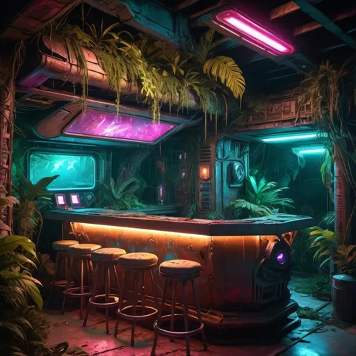 Prompt: Photorealistic crashed spaceship in a tropical island basement home bar, tiki and synthwave elements, overgrown vegetation, rusted metallic wreckage, vivid neon lights, lush greenery, ultra-detailed, highres, photorealistic, tropical sci-fi, tiki decor, synthwave, overgrown, rusty metal, neon lights, lush foliage, basement setting, crashed spaceship, professional lighting