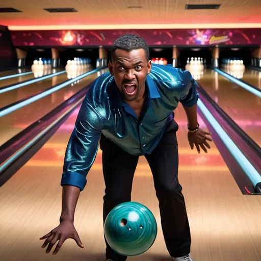 Prompt: (vincent king of bowling), dynamic action shot, intense expression, oversized bowling ball in hand, striking a pose for a perfect spin, vibrant colors, energetic atmosphere, bowling alley background sparkles with neon lights, high detail, cinematic lighting, motion blur effect capturing the excitement of the game, ultra-detailed, dramatic shadows