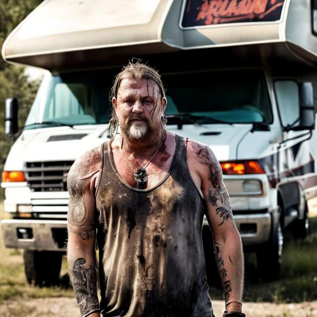 Prompt: a dirty and greasy-looking redneck in a wifebeater t-shirt next to an rv with empty bottles next to him. "deliriant depiction"