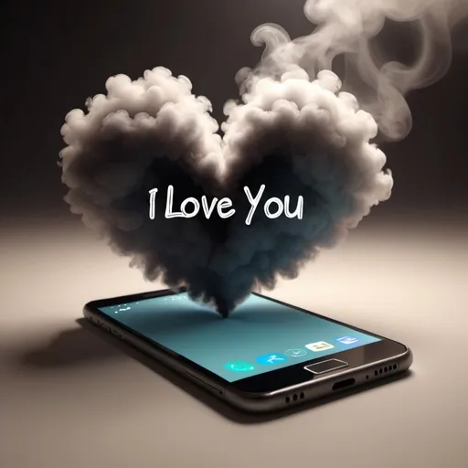 Prompt: loving someone through texts alone having not met them yet.the image just shows a phone which emits a smoke cloud of sadness.the text says i love you