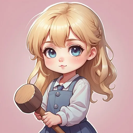 Prompt: Chibi-style illustration of a blonde-haired girl, holding a mallet, cute and vibrant, pastel colors, anime, kawaii, playful expression, detailed eyes, soft shading, high quality, digital art, chibi, pastel tones, cute lighting