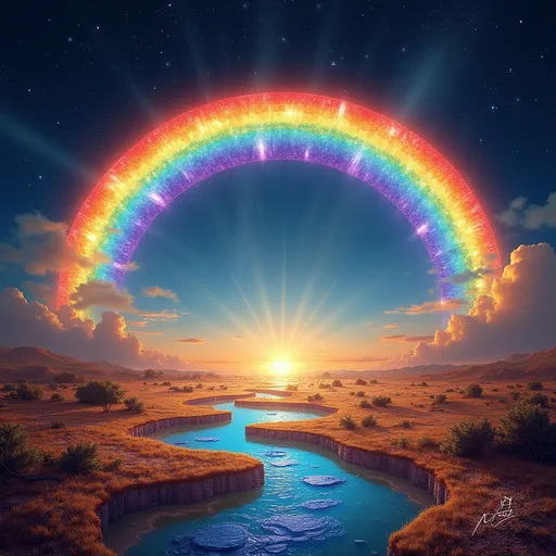 Prompt: A surreal landscape showing an 'inside-out' temporal rainbow where instead of visible colors, the arc displays invisible electromagnetic radiation - sections glowing with ultraviolet patterns, X-ray crystalline structures, infrared heat signatures, microwave ripples, and radio wave oscillations, that shifts and morphs through time - not a static arc but a flowing, kaleidoscopic phenomenon where colors appear and disappear based on the moment of observation, with sections that pulse with emotional energies (golden joy vortices, indigo contemplation waves) and shimmering possibility-streams showing glimpses of alternate realities branching into the distance.