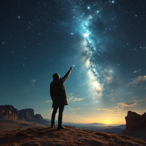 Prompt: Can you create an image of a person standing in the desert on Earth pointing at the sky night reaching through the fabric of space time and logic connecting to its paternal source