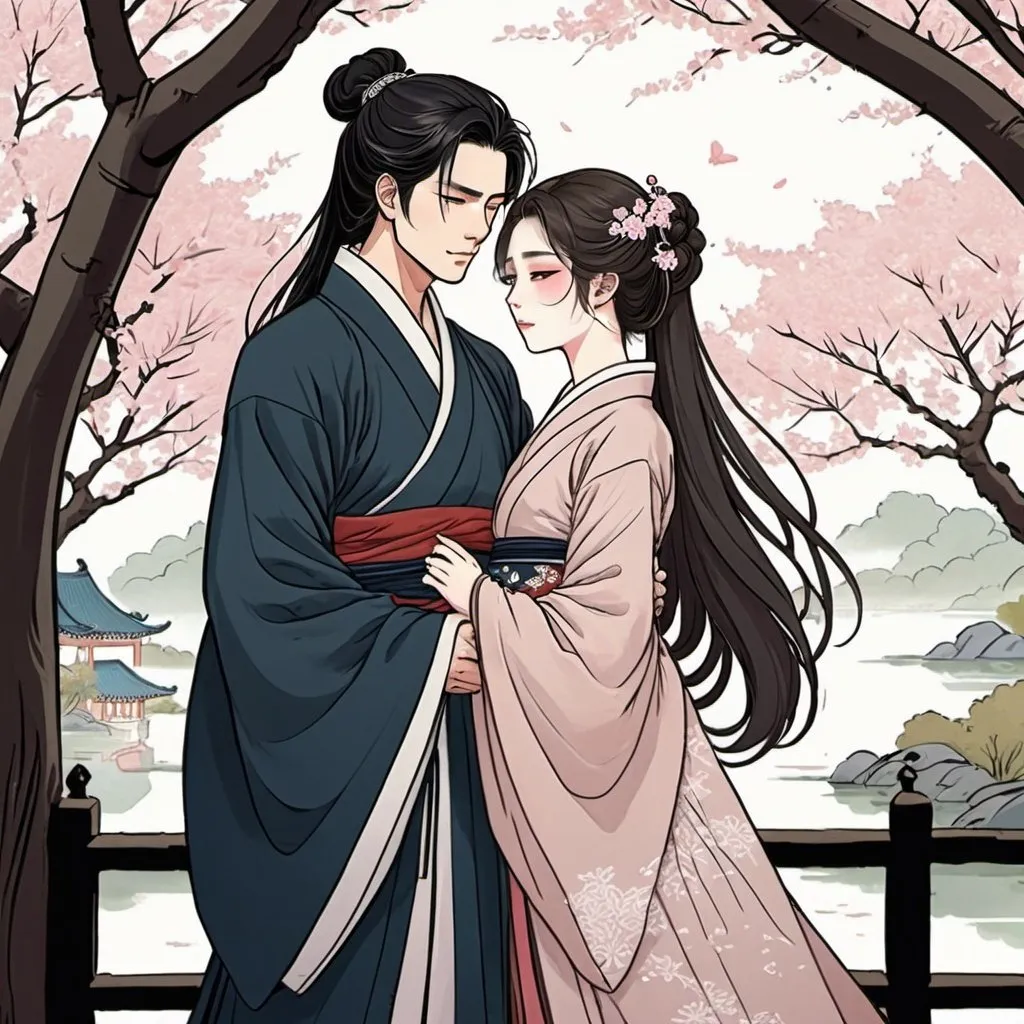 Prompt: 2d Korean manhwa style, thin outline, The statuesque couple hugging each other in a traditional Chinese garden, surrounded by elegant weeping willows and blooming cherry blossom trees. The woman wears a pure-colored Hanfu embroidered with delicate floral patterns. Her hair is adorned with ornate hairpins, and a heartbroken expression adorns her face.

The long-haired man is dressed in dark-colored Hanfu attire, accented with silver embroidery. His attire exudes a sense of nobility, but his downcast eyes betray a deep sadness. He stands close to the woman, hugging his beloved.

In the background, the tranquil beauty of the garden contrasts with the turmoil in their hearts, emphasizing the bittersweet nature of their love and the inevitability of their farewell.