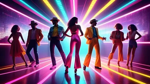 Prompt: (vibrant retro dance scene), (1980s inspired), disco lights illuminating the floor, colorful outfits and accessories, energetic ambiance, dynamic movement and joyful expressions, neon colors, nostalgic vibe, background with vintage posters, exciting and lively gathering, ultra-detailed, HD quality.