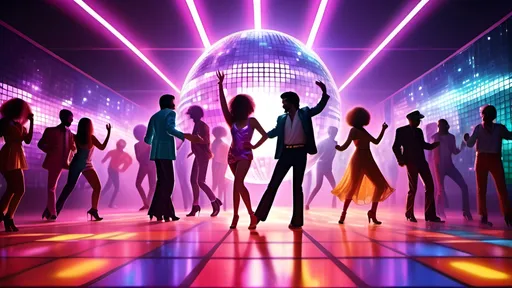 Prompt: realism style, (vibrant colors), 1980s disco scene, dynamic dance floor, colorful disco lights reflecting, joyful dancers in retro outfits, unique hairstyles, energetic atmosphere, shiny disco ball overhead, inspired by iconic music culture, high definition details, energetic and lively mood, capturing the essence of the unforgettable era, disco music vibes.