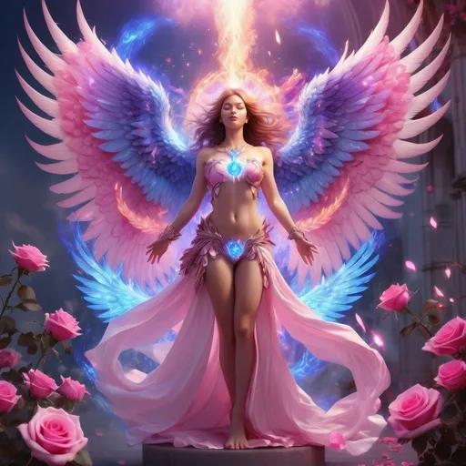 Prompt: A beautiful woman with phoenix power and large beautiful angel wings of blue fire. She has auras of: roses, pink petals, hot pink and purple flowers, and pink thunders. Her feet is beautifully arrayed in pink diamonds