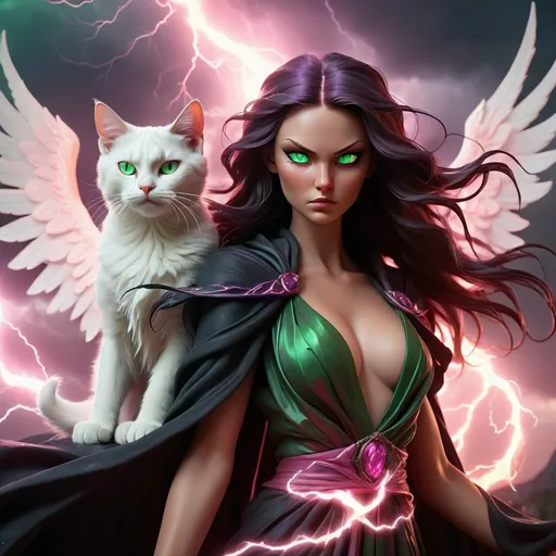 Prompt: (dark sorceress with angel wings of pink fire), striking pose, flowing dark robes with pink fade, fierce expression, (white cat with green eyes) gently held, powerful ambiance, engulfed by a raging thunderstorm, dramatic lightning strikes, dark swirling clouds, ethereal glow, contrast of fierce, fiery colors against the stormy backdrop, high-quality, ultra-detailed, cinematic atmosphere.