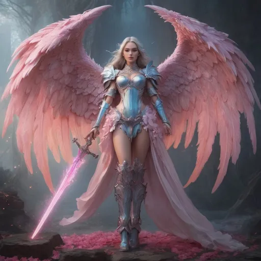 Prompt: A beautiful woman with a sword and large beautiful angel wings of pink fire. She has auras of: dragons, pink petals, ble flowers, and pink thunders. Her feet is beautifully arrayed in blue thigh high boots.