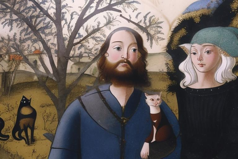 Prompt: Medieval illumination of a man and a woman, a white cat and a siamese cat in the background