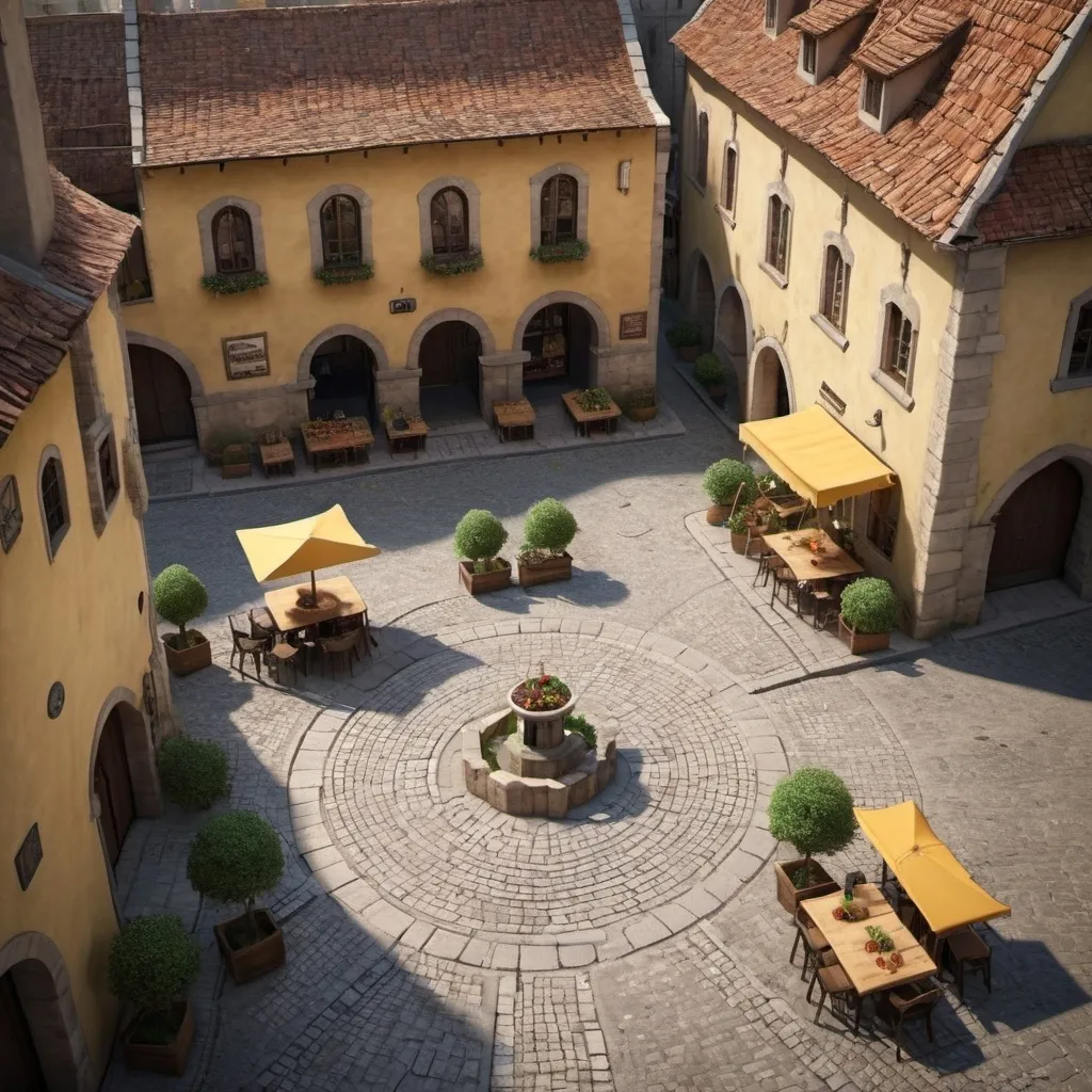 Prompt: small medieval square, triangular, on one side there is the road, paved with square stones, on another side there is a small cafe with iron tables outside, on the third side there is a fruit and vegetable shop. in the center of the square there is an uncovered well, all the buildings I wish were made of bricks with a yellowish color