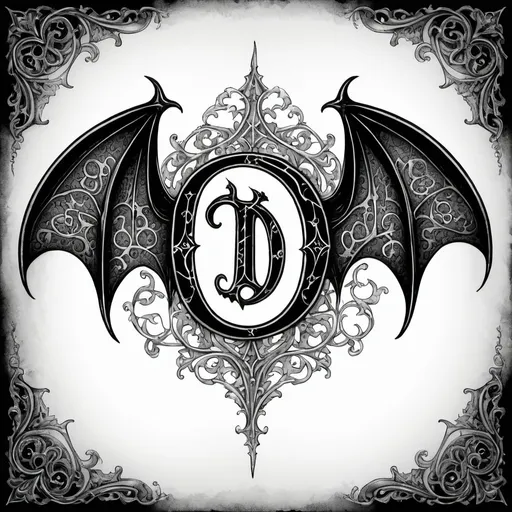 Prompt: tattoo model letter 'D' like a bat, detailed Gothic design, intricate patterns, dark fantasy style, high contrast black and white,
