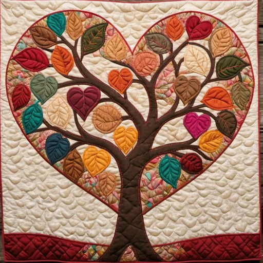 Prompt: Quilt-feel, heart-leaved tree, cozy atmosphere, detailed stitching, warm color tones, whimsical, high-quality, textile art, heart-shaped leaves, intricate patterns, handcrafted, comforting, rustic charm, tree trunk with quilt texture, heartwarming, vibrant colors, soft lighting, detailed embroidery