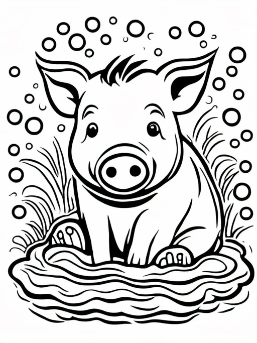 Prompt: hog enjoying a mud bath, simple white coloring book art, black outline, white background in the style of <mymodel>