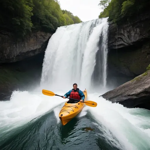 Prompt: make me a guy in a sit in kayak jumping off a water fall in a playboat kayak

