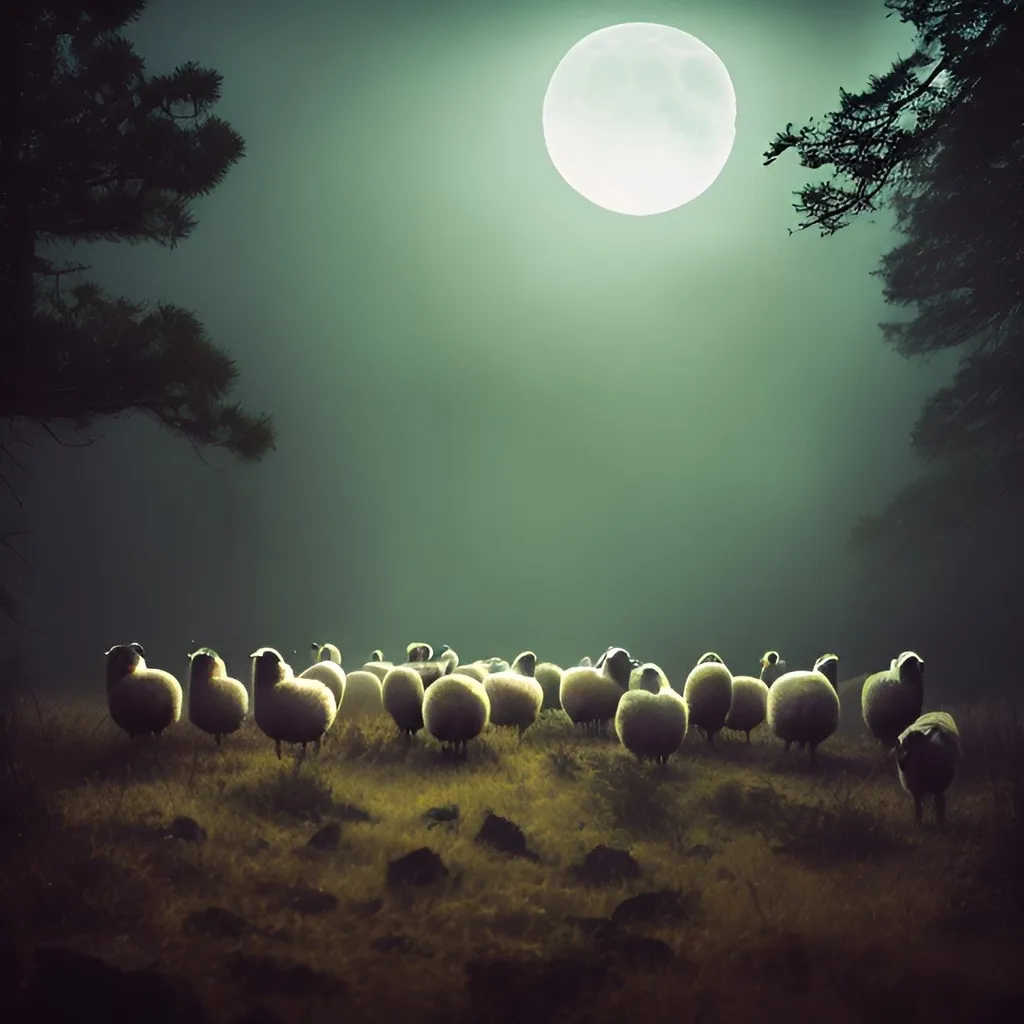 Prompt: a flock of sheeps in a foggy forrest clearing under a moonlit midninght dancing to dark organic tunes