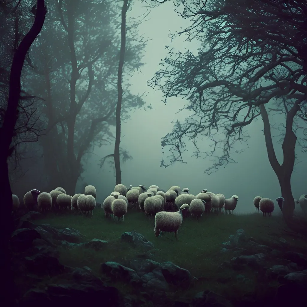 Prompt: a flock of sheeps in a foggy forrest clearing under a moonlit midninght dancing to dark organic tunes