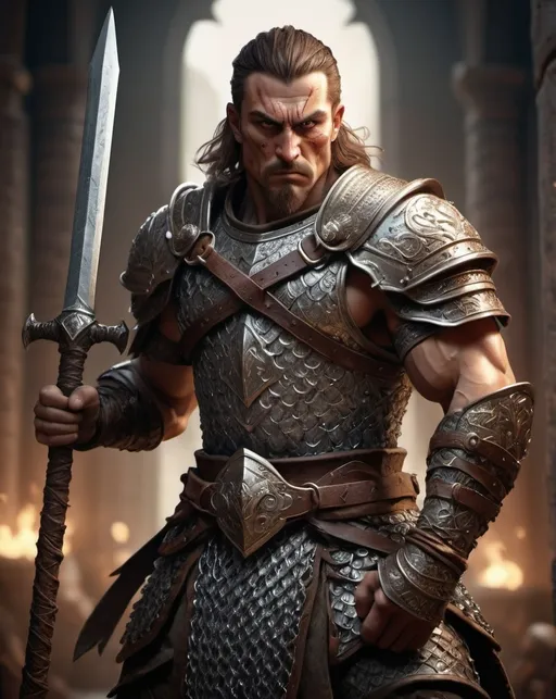 Prompt: (warrior game character), (digital illustration), (front view), clad in detailed chainmail, wielding a formidable mace, dramatic lighting enhancing muscular features, intense expression embodying bravery, skillful pose ready for battle, background of a fantastical , muted colors and intricate details, ultra-detailed quality, dynamic and engaging atmosphere.