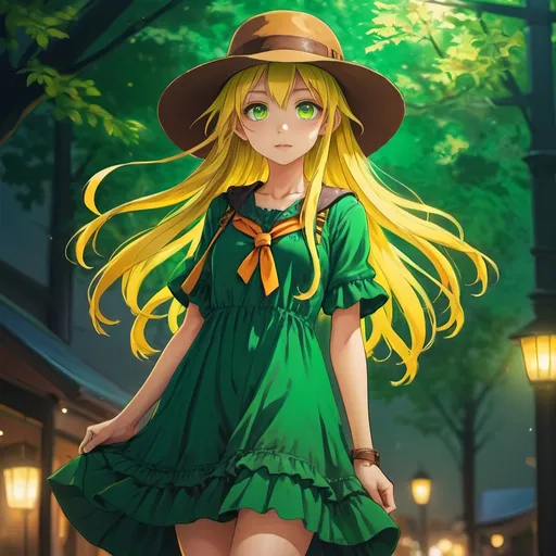 Prompt: Detailed anime illustration of a teenage girl, vibrant green Wide Brimmed Hat and dress, yellow hair, brown boots, professional art, anime, vibrant colors, detailed eyes, atmospheric lighting