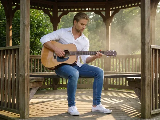 Prompt: @vYzLXHBpIC0q21YVgUAo is playing guitar in a very nice shirt with blue jeans and tennis shoes in a gazebo in the summertime.