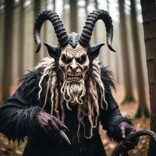 Prompt: krampus with big horns and scary mask, with ghilly suit, photography, in tall forrest
