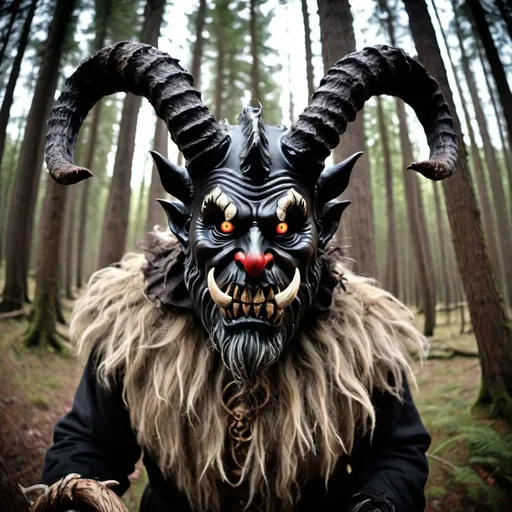 Prompt: krampus with big horns and scary mask, with ghilly suit, photography, fish eye, in tall forrest, 