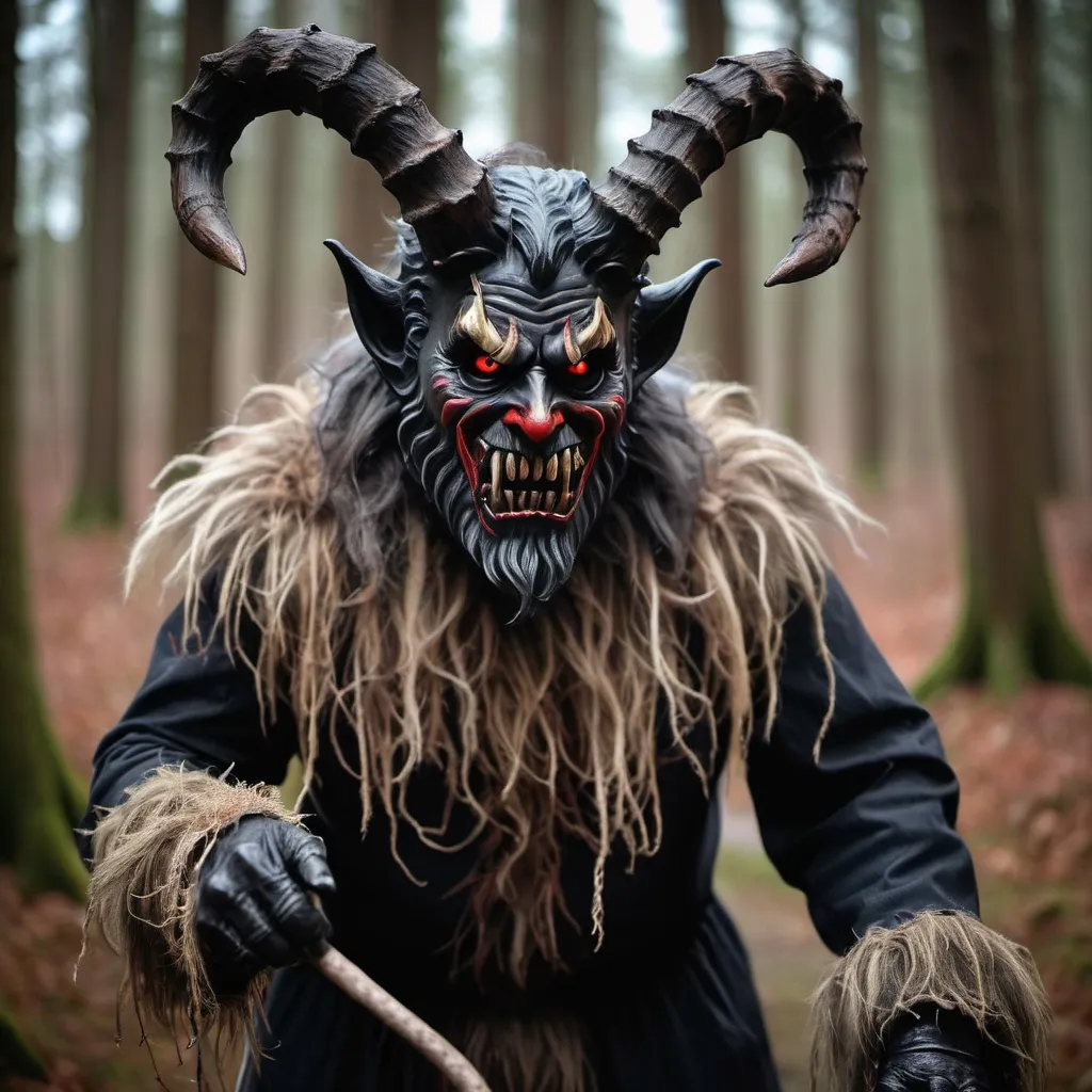 Prompt: krampus with big horns and scary mask, with ghilly suit, photography, in tall forrest
