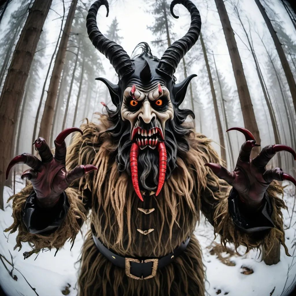 Prompt: krampus with big horns and scary mask, with ghilly suit, photography, fish eye, in tall forrest, 