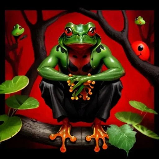 Prompt: frowning Frog Man, black and red Skin, Tree Frog