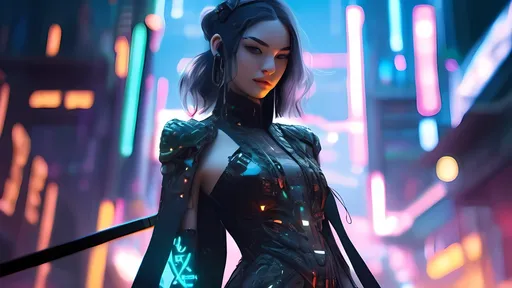 Prompt: Beautiful woman in high-tech Thai traditional black sword dress, cyberpunk game style, detailed embroidery, futuristic city backdrop, glowing neon lights, highres, ultra-detailed, cyberpunk, futuristic, high-tech traditional, beautiful, elegant, detailed embroidery, professional, atmospheric lighting, game style