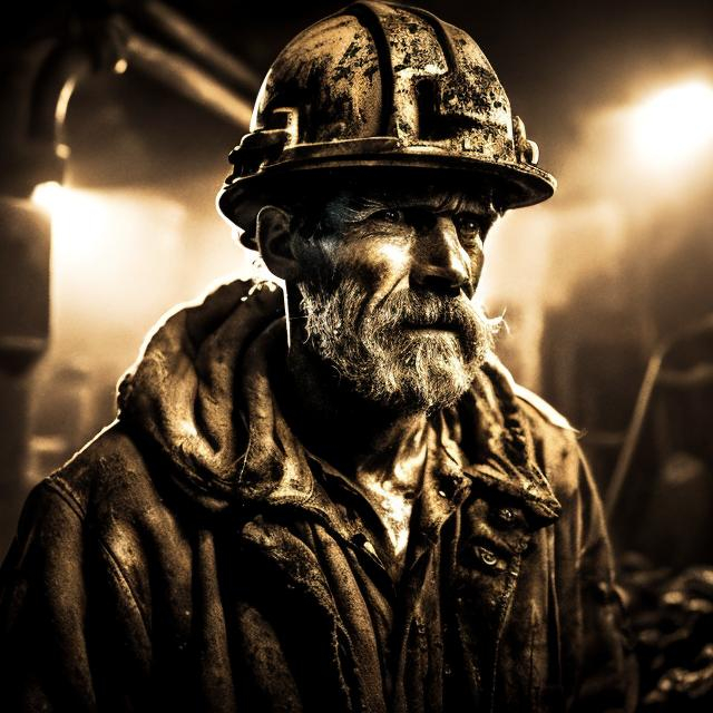 Prompt: Detailed illustration of a rugged miner in a dimly lit underground mine, gritty and worn clothing, dirty face and hands, rugged tools, atmospheric lighting, gritty realism, underground setting, strong shadows, gritty textures, high quality, detailed, realistic, mining, rugged, dimly lit, underground, gritty, intense, atmospheric lighting