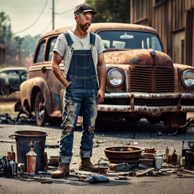 Prompt: Human repairing broken car, oil painting, tools scattered on the ground, warm natural lighting, vintage style, distressed denim overalls, focused expression, rusty old car, detailed facial features, high quality, vintage, warm lighting, distressed denim, focused expression, rusty car, oil painting