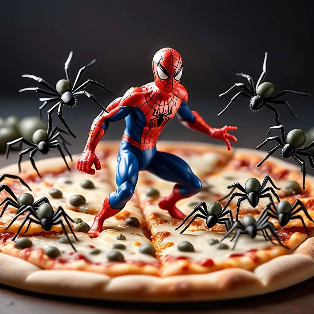 Prompt: A miniature spiderman running with a army of spiders to take over a pizza