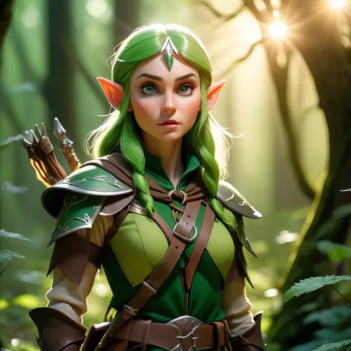 Prompt: Elf ranger in a mystical forest around sunlight