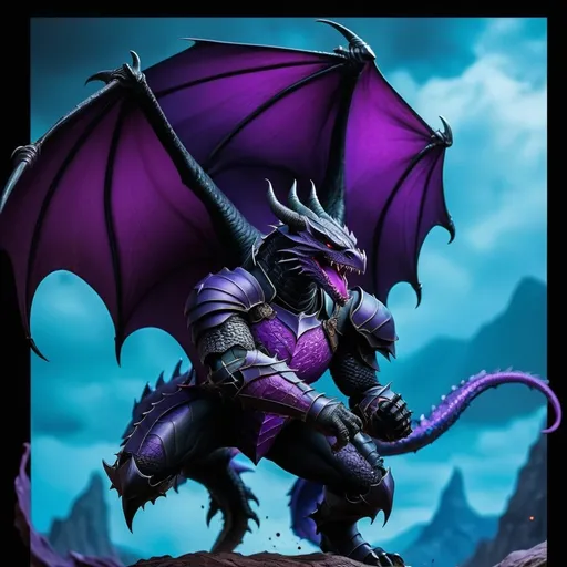 Prompt: dark fantasy knight fighting purple and black dragon