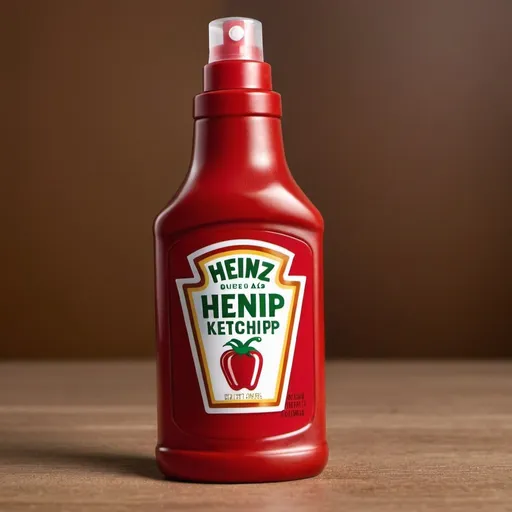 Prompt: give me a heinz ketchup spray bottle that says heinz spray ketchup on the logo of the bottle (the nozzle at the top where the ketchup comes from has to be an aerosol style nozzle)
