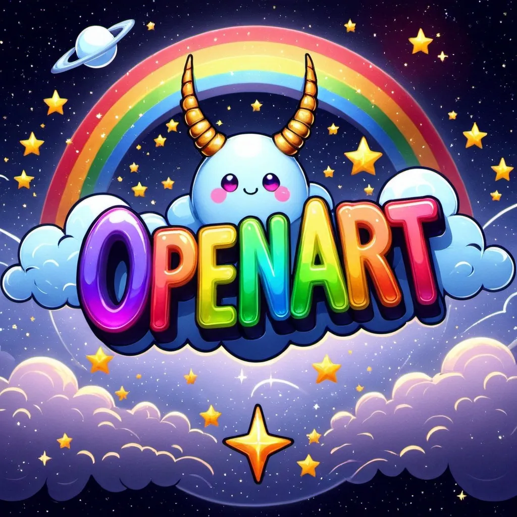 Prompt: (OpenArt text logo),, rainbow, space, clouds, stars, horns