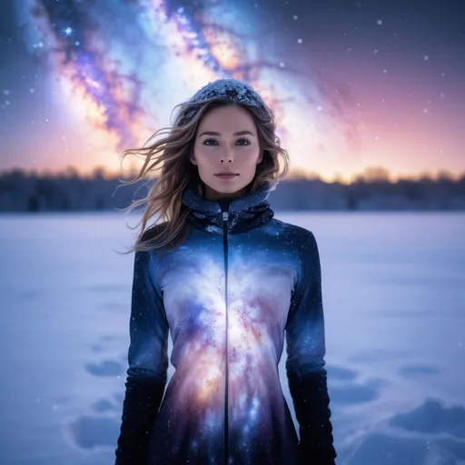 Prompt: A close up fantastic image of a woman's outline containing the entire galaxy inside of her, as she stands in a field covered in snow, a soft aura surrounding her