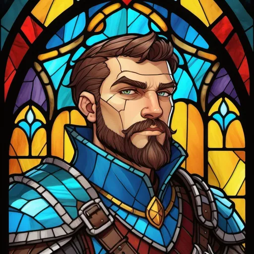 Prompt: Dungeons and Dragons character art. Town guard captain. Digital stained glass style.