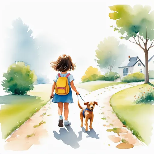 Prompt: white background,simple background, A little girl is walking her dog, facing the camera, slowly approaching, with high definition and quality,
