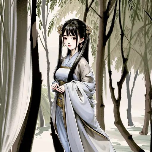 Prompt: portrait of a woman standing , willow branches, modelshoot style, peaceful, (smile), looking at viewer, wearing long hanfu, hanfu, song, willow tree in background, wuchangshuo,