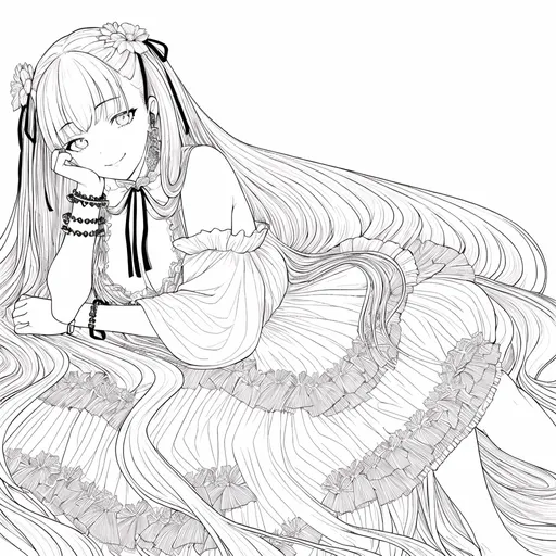 Prompt: masterpiece, best quality, 1girl, solo, long_hair, looking_at_viewer, smile, dress, ribbon, jewelry, very_long_hair, hair_ribbon, flower, bracelet, two_side_up, hand_on_own_face, head_rest, hand_on_own_cheek, lineart, monochrome,