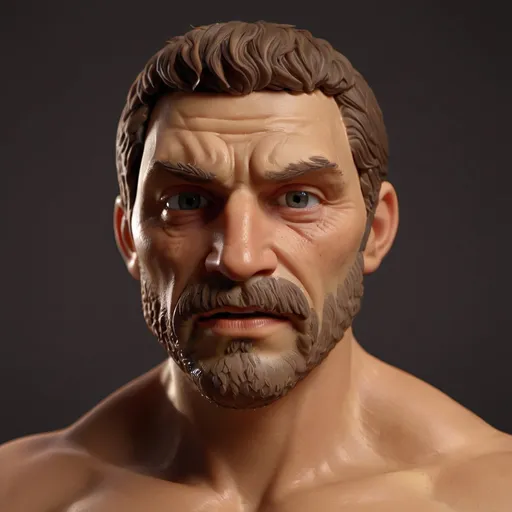 Prompt: Realistic 3D render of a rugged man, strong jawline and intense eyes, bronze and copper color tones, dramatic lighting casting deep shadows, high definition, ultra-realistic, masculine, detailed facial hair, muscular physique, rugged, professional 3D rendering, powerful stance, masculine, bronze tones, dramatic lighting