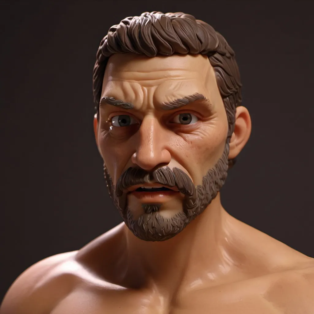 Prompt: Realistic 3D render of a rugged man, strong jawline and intense eyes, bronze and copper color tones, dramatic lighting casting deep shadows, high definition, ultra-realistic, masculine, detailed facial hair, muscular physique, rugged, professional 3D rendering, powerful stance, masculine, bronze tones, dramatic lighting