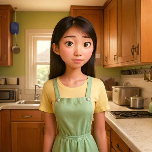 Prompt: beautiful 18 yo Asian woman standing in a home kitchen