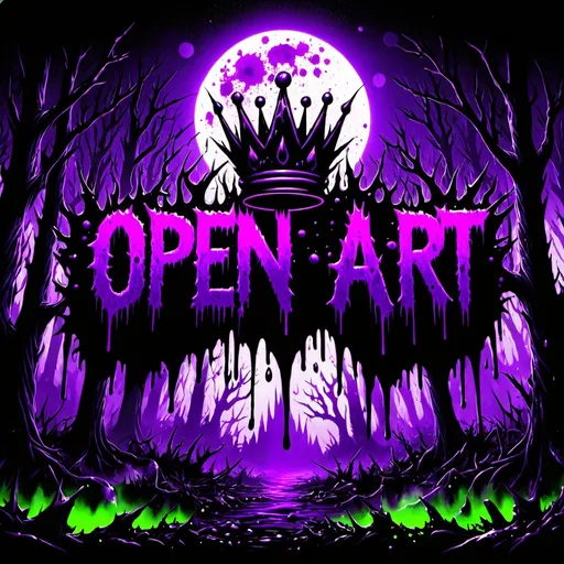 Prompt: (OpenArt text logo), neon green, purple, spikey, splattered, dripping, blood, crown, fog, moon, trees